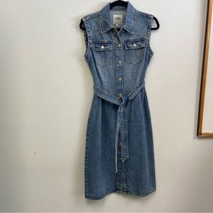 ZARA - Sleeveless Denim Midi Dress with Tie Waist